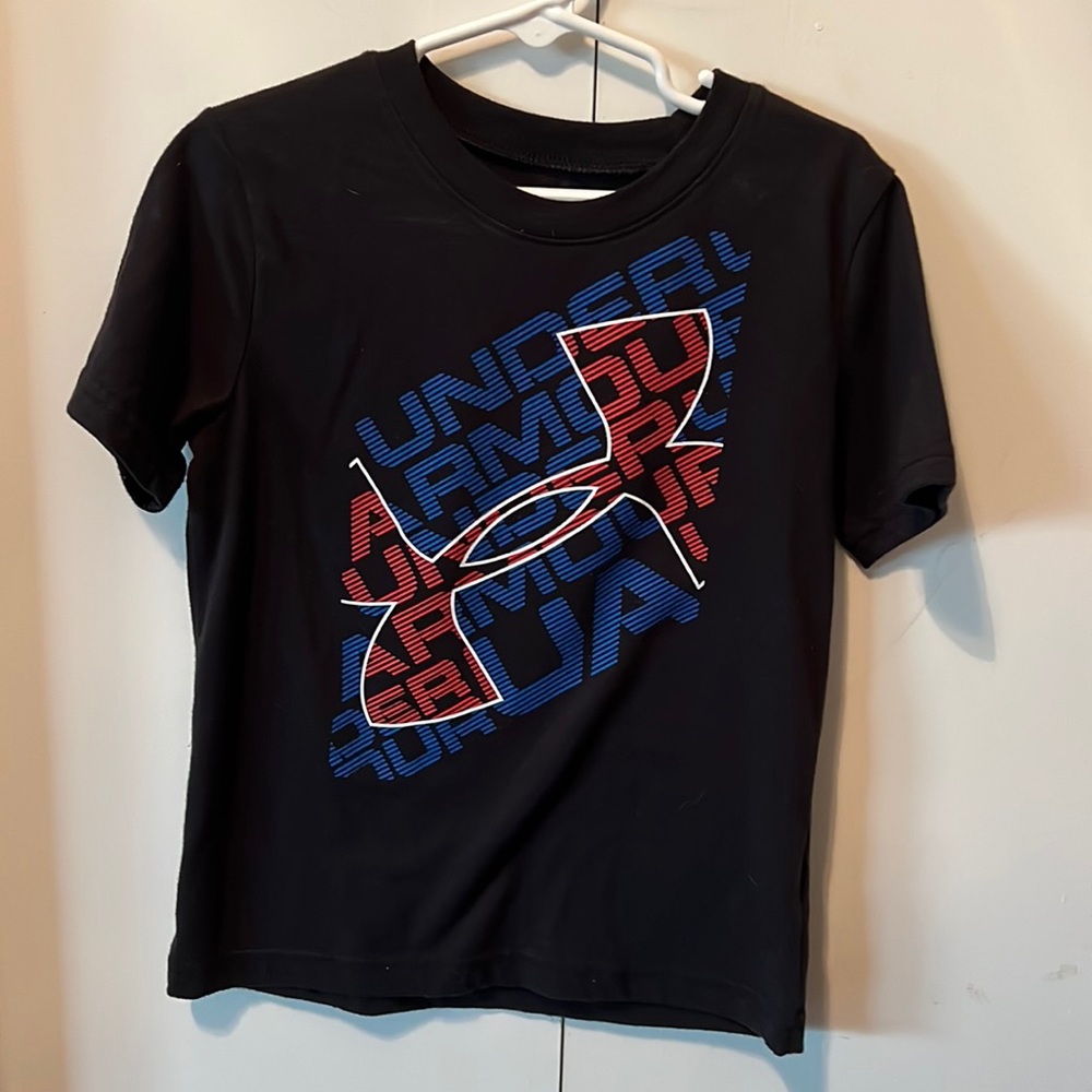 Under Armour tee, 5T, logo is black/red/white on black shirt